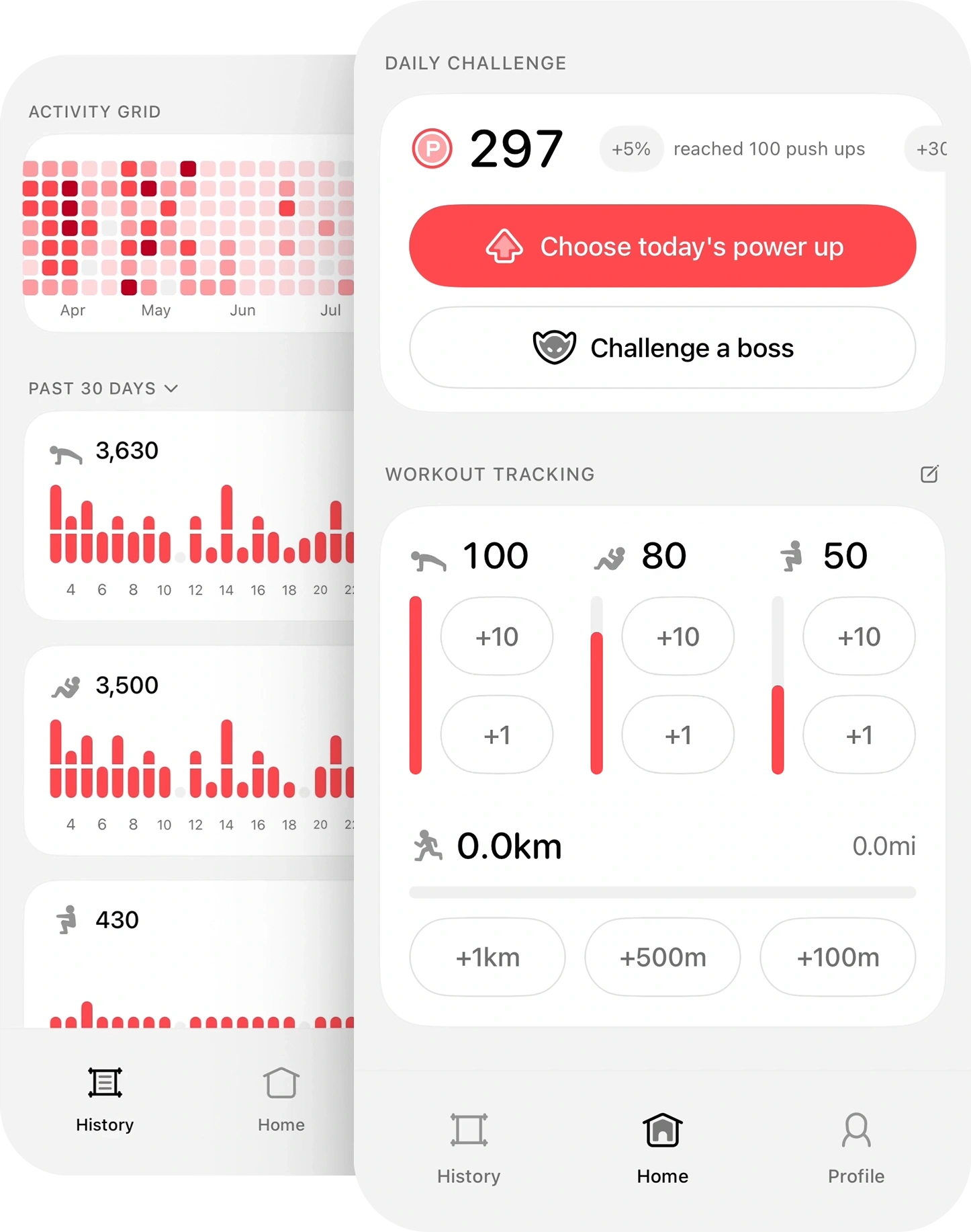 One Punch Workout progress and activity screens
